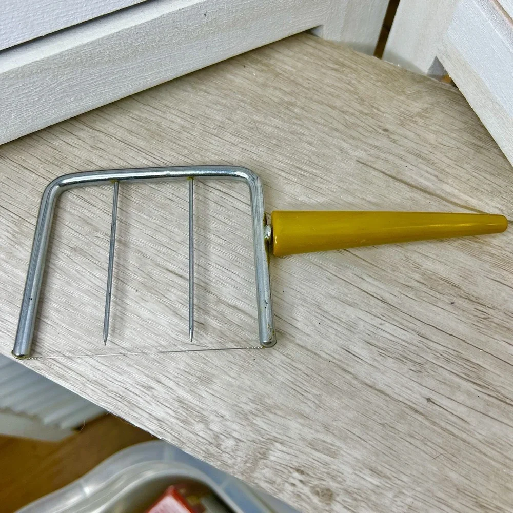 Vtg Wire Cheese Slicer Mustard‎ Yellow Handle Chrome Mid Century Kitchen Utensil